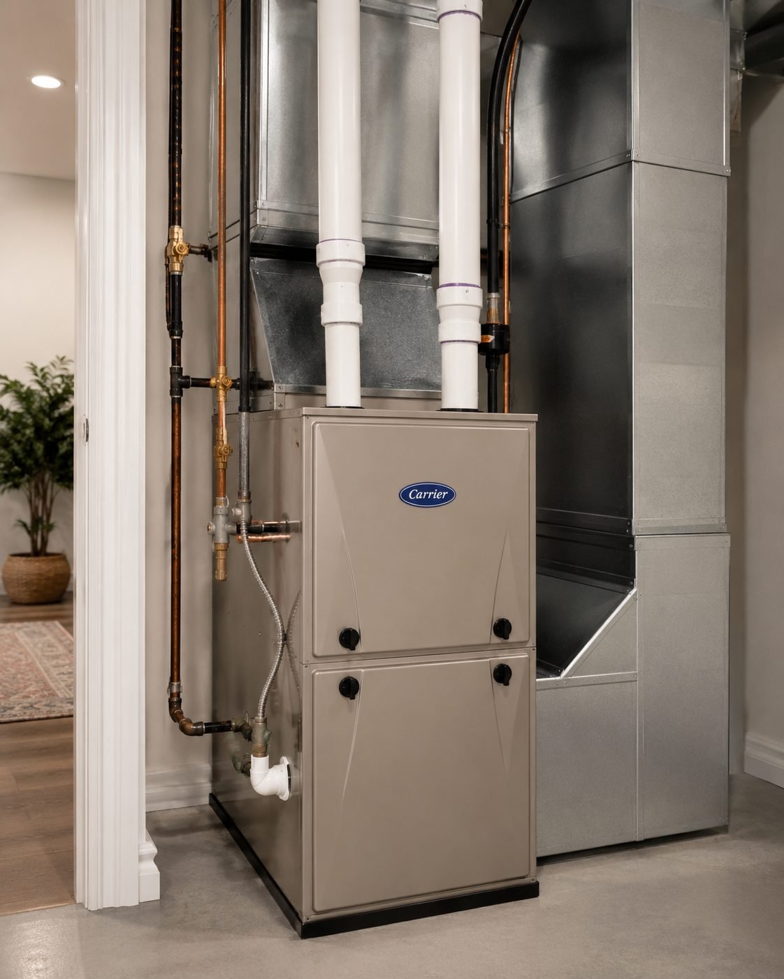 High-efficiency furnace with custom ductwork